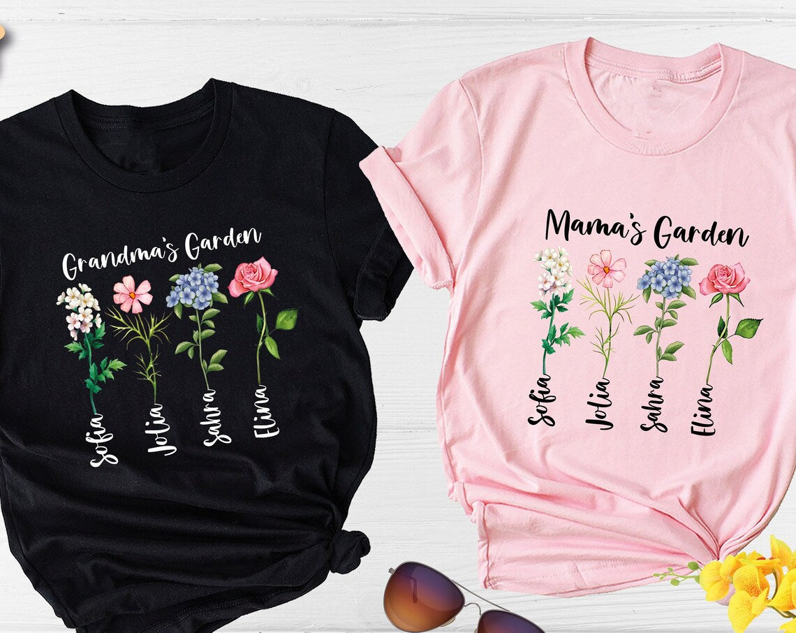 Unisex T-shirt Flower Month Shirt, Grandmas Garden Shirt, Mothers Garden Shirt, Grandparents Shirt, Mothers Day Shirt, Custom Grandma Shirt, Kids Names Tee