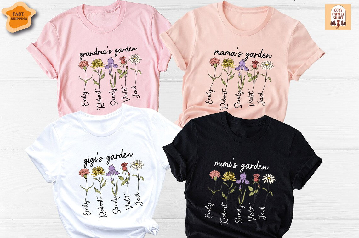 Unisex T-shirt Grandma Mama Gigi Mimi Garden Shirt, Grandparents Shirt, Mothers Day Shirt, Flower Mama Shirt, Custom Grandma Shirt, Kids Names Shirt